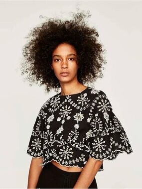 Zara Black eyelet crop Top with White Embroidery